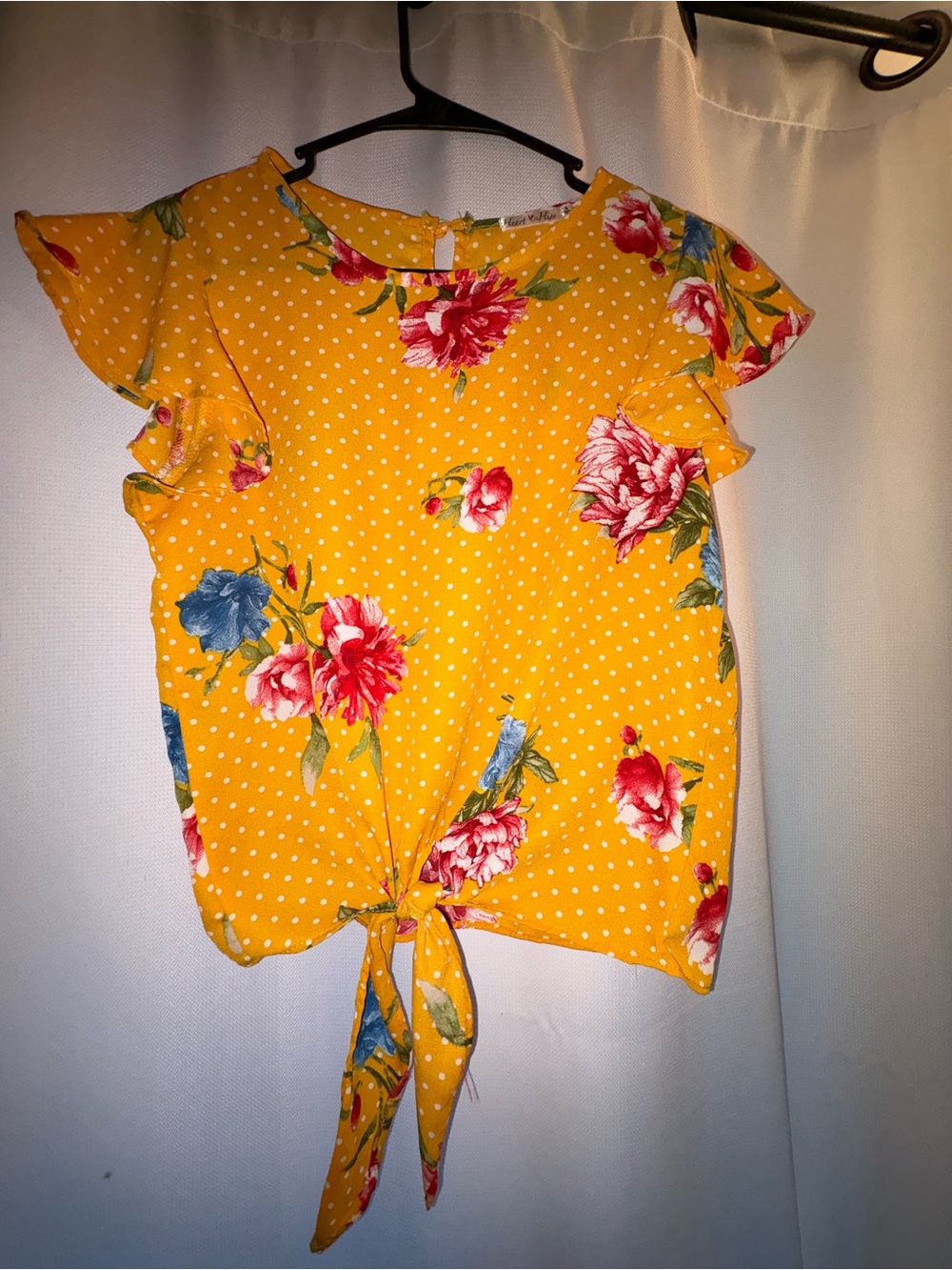Heart & Hips Yellow Polka Dot Floral Tie-Front Top